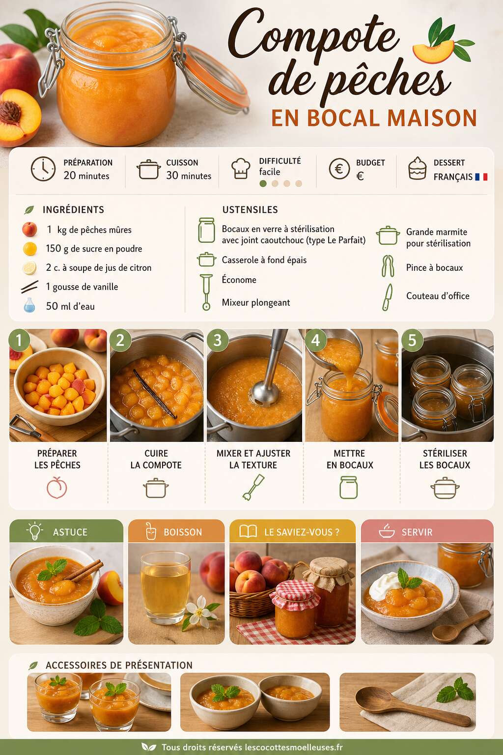 Fiche recette Recette de compote de pêches en bocal maison Fiche recette Recette de compote de pêches en bocal maison