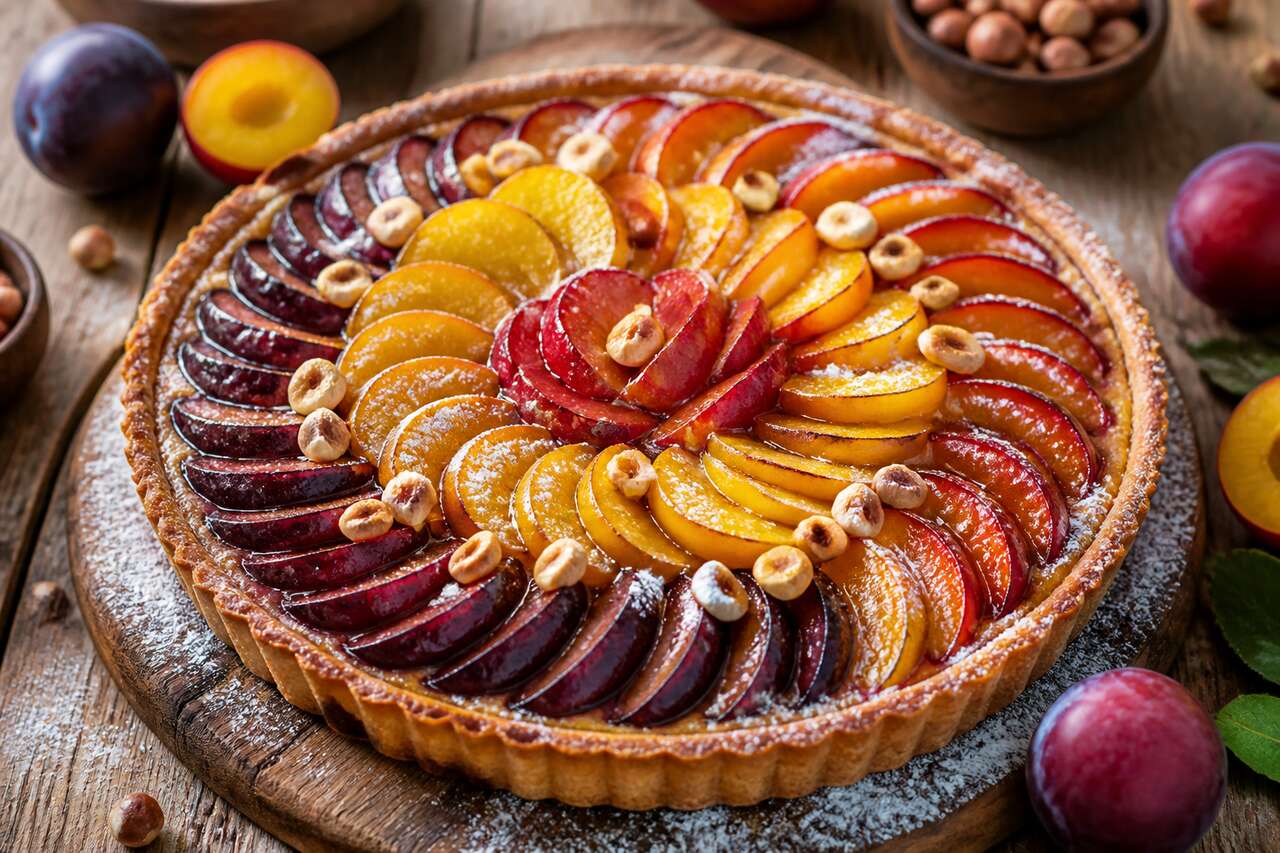 Tarte aux prunes multicolores et crème de noisettes