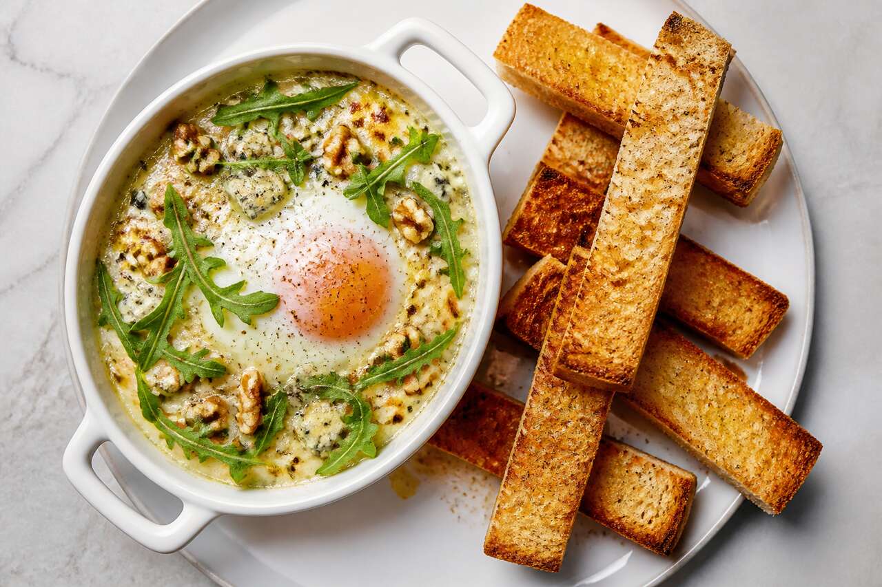 Œufs cocotte au Roquefort et à la roquette : recette savoureuse