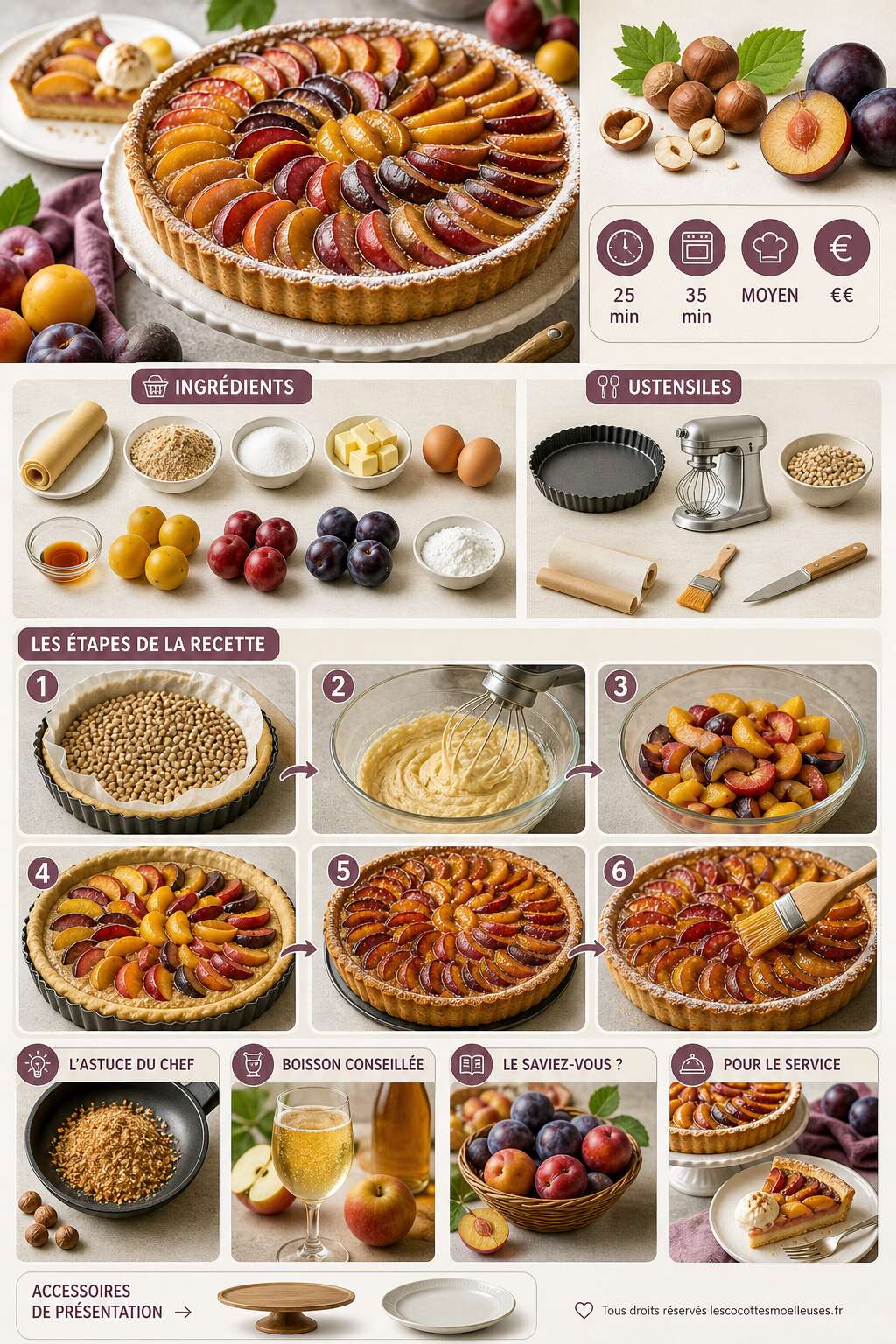 Fiche recette Tarte aux prunes multicolores et crème de noisettes Fiche recette Tarte aux prunes multicolores et crème de noisettes