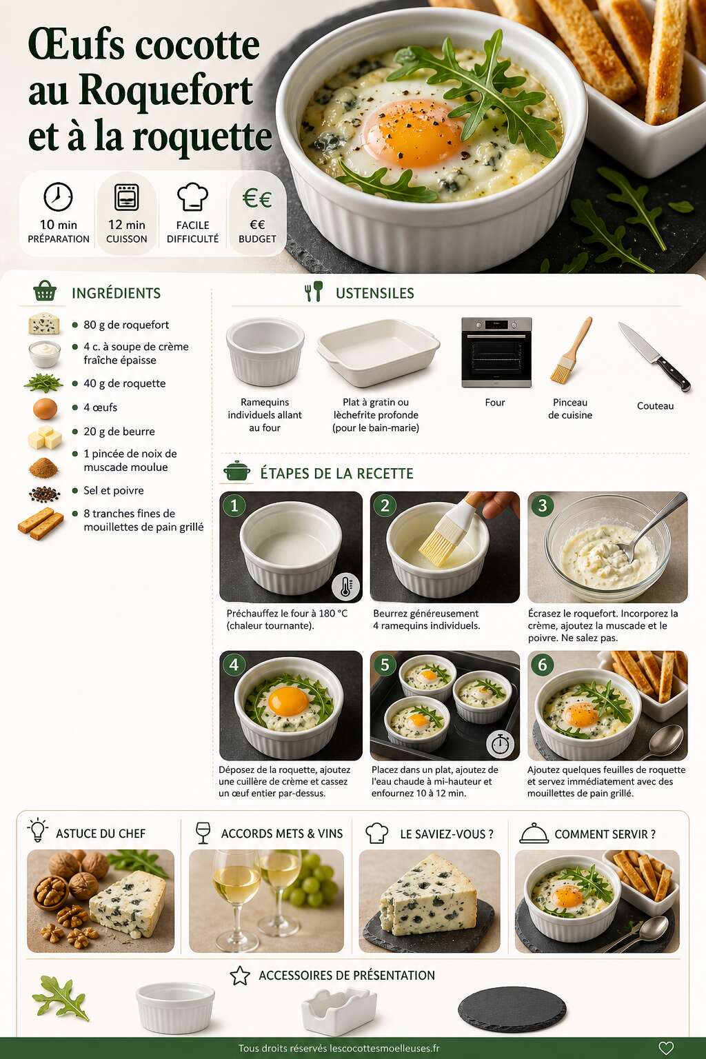 Fiche recette Œufs cocotte au Roquefort et à la roquette : recette savoureuse Fiche recette Œufs cocotte au Roquefort et à la roquette : recette savoureuse