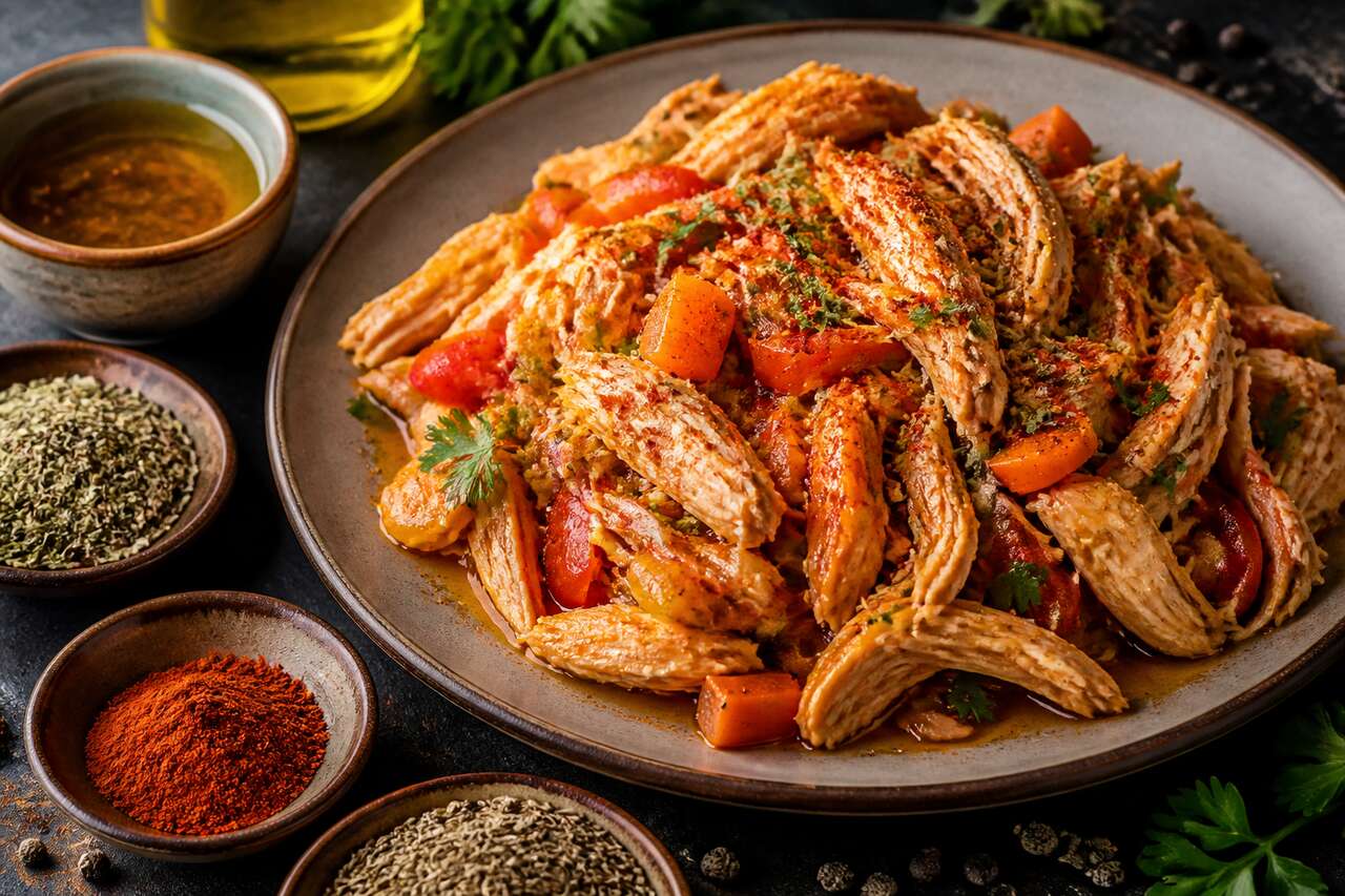 Effiloché de poulet aux légumes à la mijoteuse : recette facile