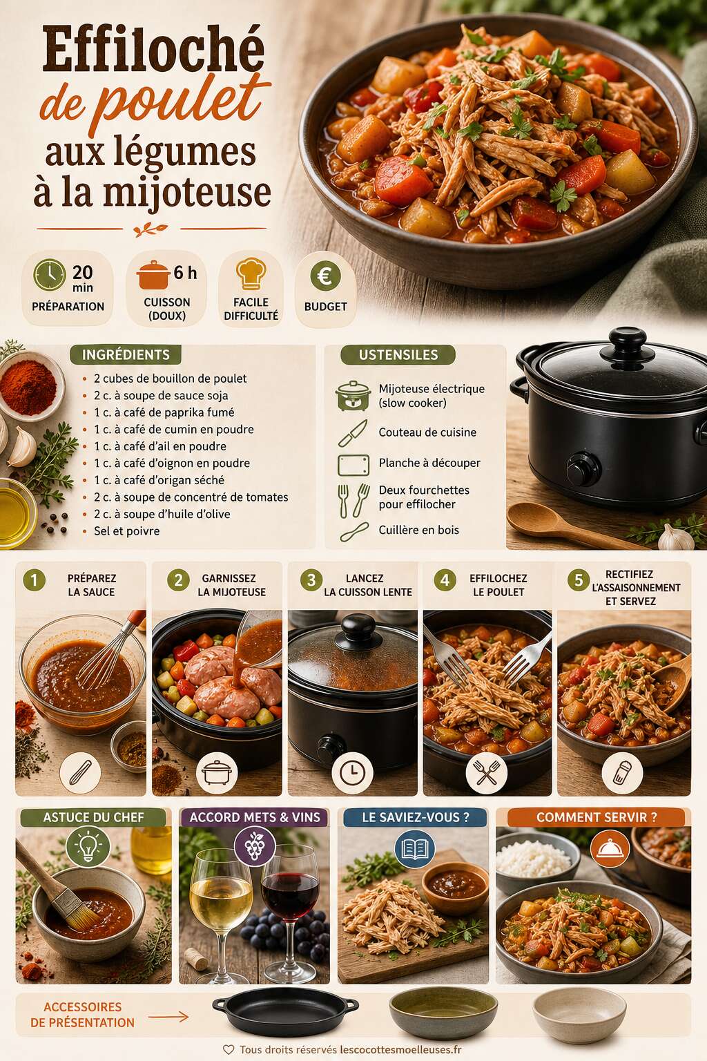 Fiche recette Effiloché de poulet aux légumes à la mijoteuse : recette facile Fiche recette Effiloché de poulet aux légumes à la mijoteuse : recette facile