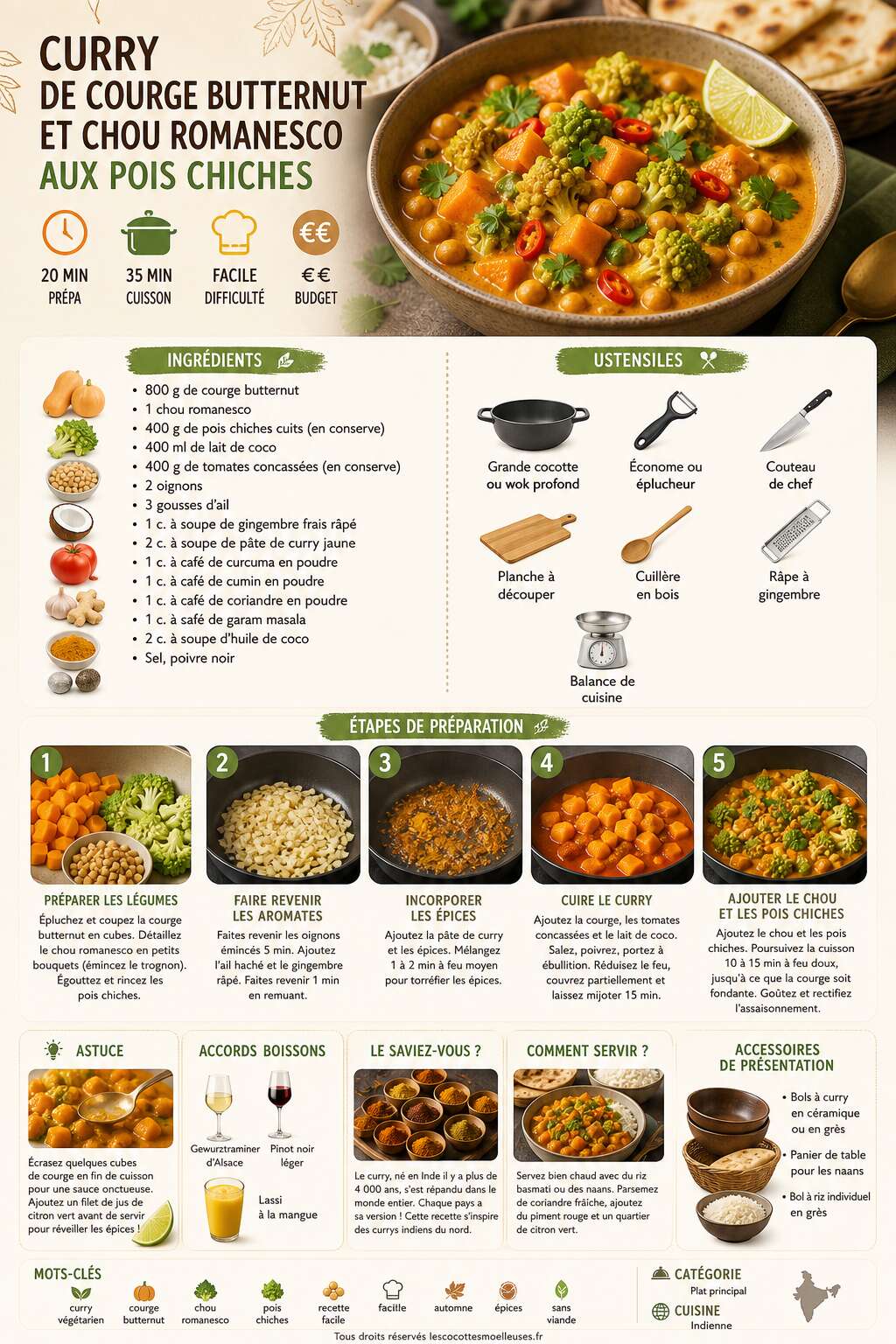 Fiche recette Curry de courge Butternut et chou Romanesco : recette savoureuse aux pois chiches Fiche recette Curry de courge Butternut et chou Romanesco : recette savoureuse aux pois chiches