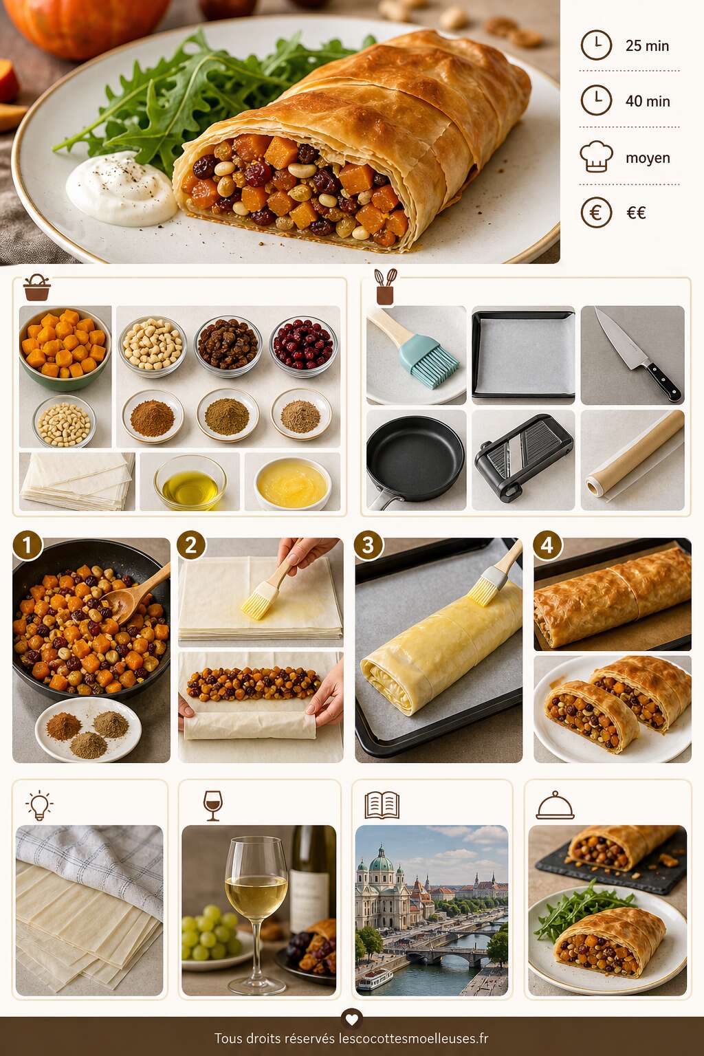 Fiche recette Strudel sal&eacute; au potimarron et fruits secs : recette savoureuse