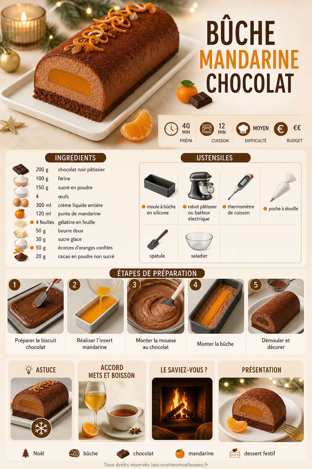 Fiche recette Bûche mandarine chocolat : recette gourmande et festive Fiche recette Bûche mandarine chocolat : recette gourmande et festive