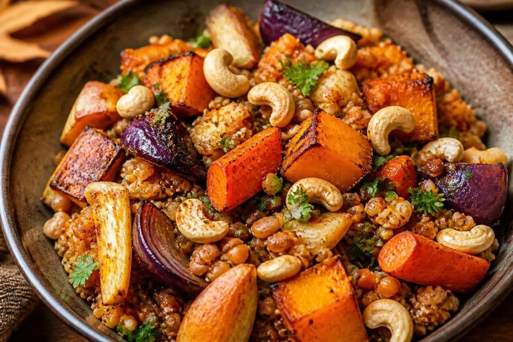 Légumes d'automne rôtis avec lentilles et quinoa