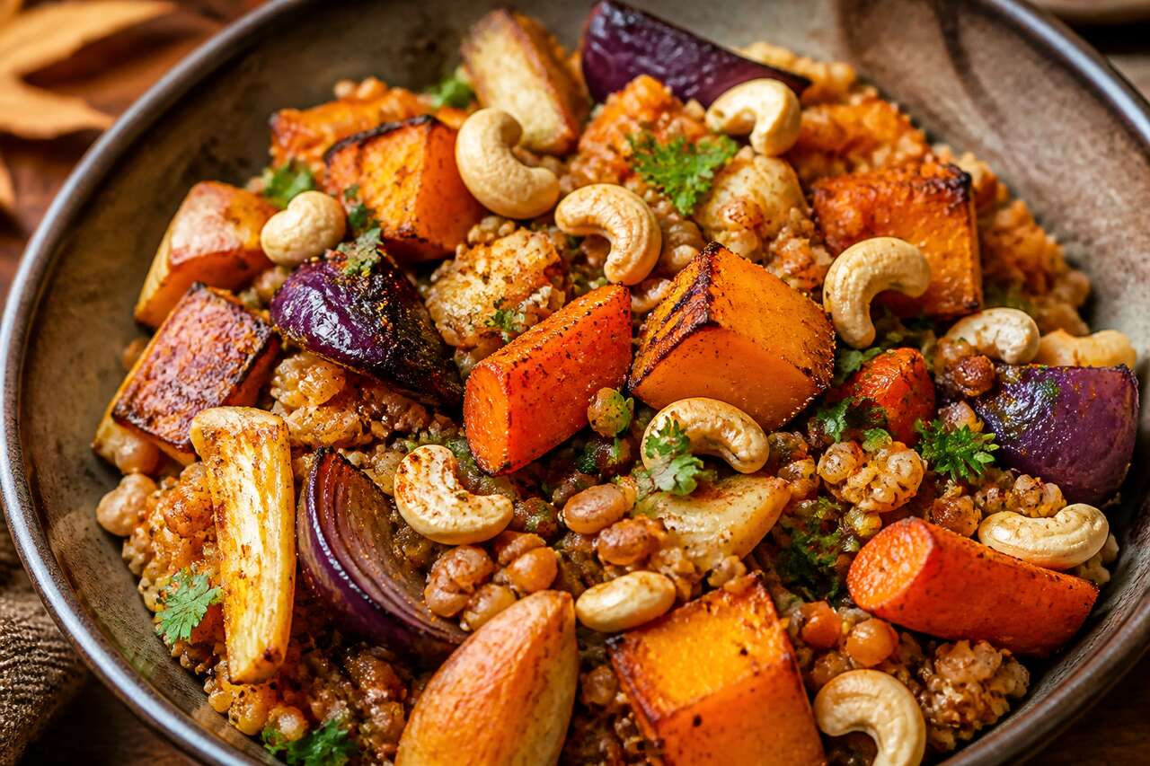 Légumes d'automne rôtis avec lentilles et quinoa