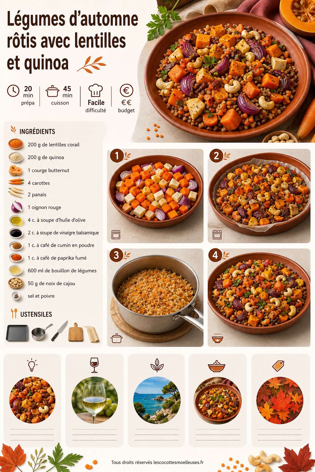 Fiche recette Légumes d'automne rôtis avec lentilles et quinoa Fiche recette Légumes d'automne rôtis avec lentilles et quinoa