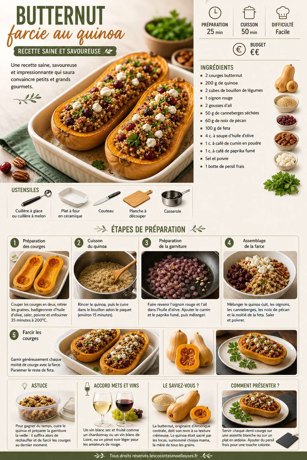 Fiche recette Butternut farcie au quinoa : recette saine et savoureuse Fiche recette Butternut farcie au quinoa : recette saine et savoureuse