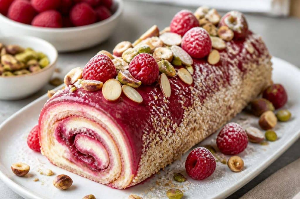 Bûche framboise amande et fruits secs : recette gourmande