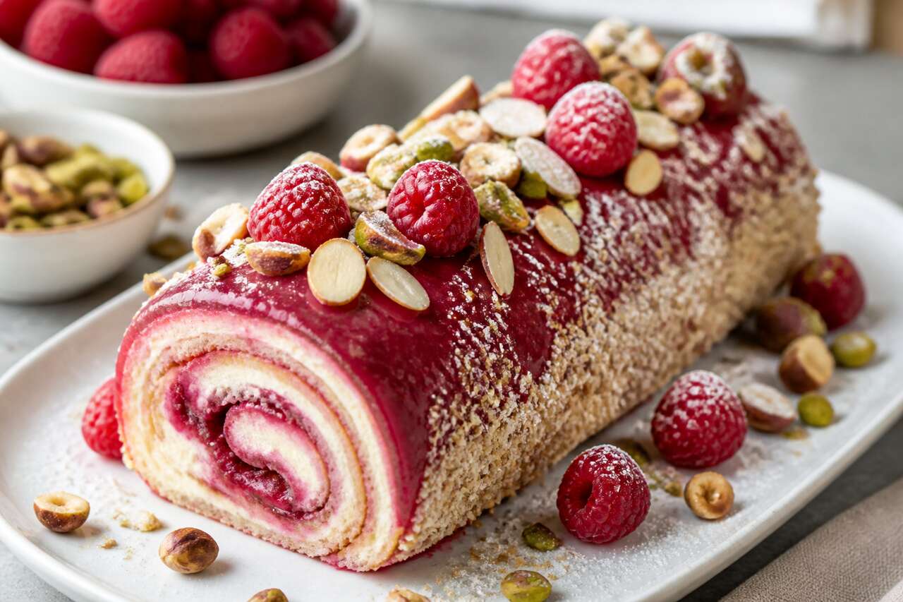 Bûche framboise amande et fruits secs : recette gourmande