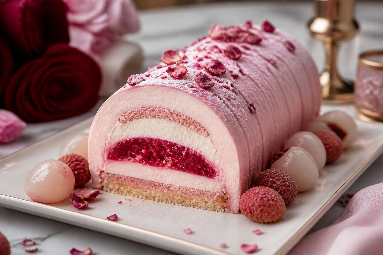 Bûche framboise, rose, litchi inspirée de l'Ispahan de Pierre Hermé