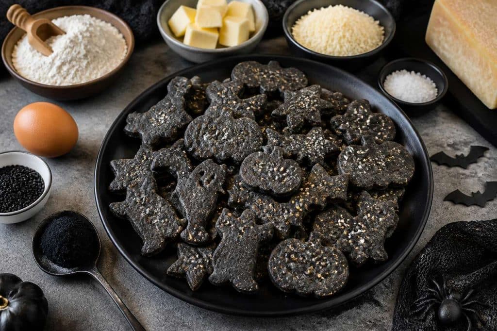 Sablés apéritifs au parmesan et à l'encre de seiche pour Halloween