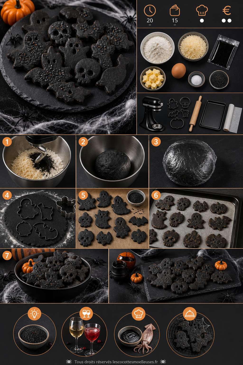 Fiche recette Sabl&eacute;s ap&eacute;ritifs au parmesan et &agrave; l'encre de seiche pour Halloween