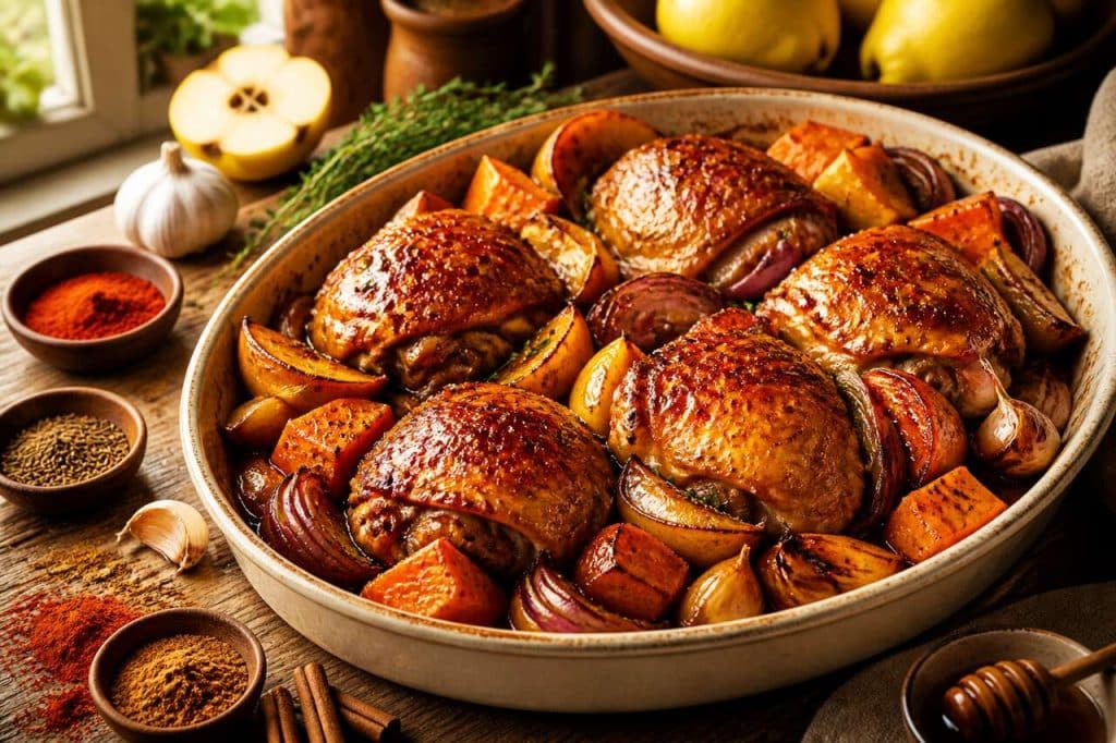 Cuisses de poulet épicées aux patates douces et coings
