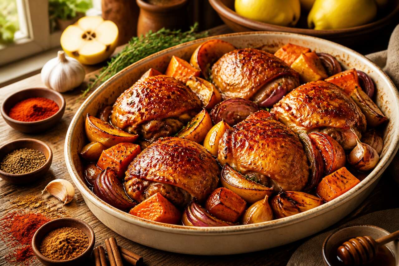 Cuisses de poulet épicées aux patates douces et coings