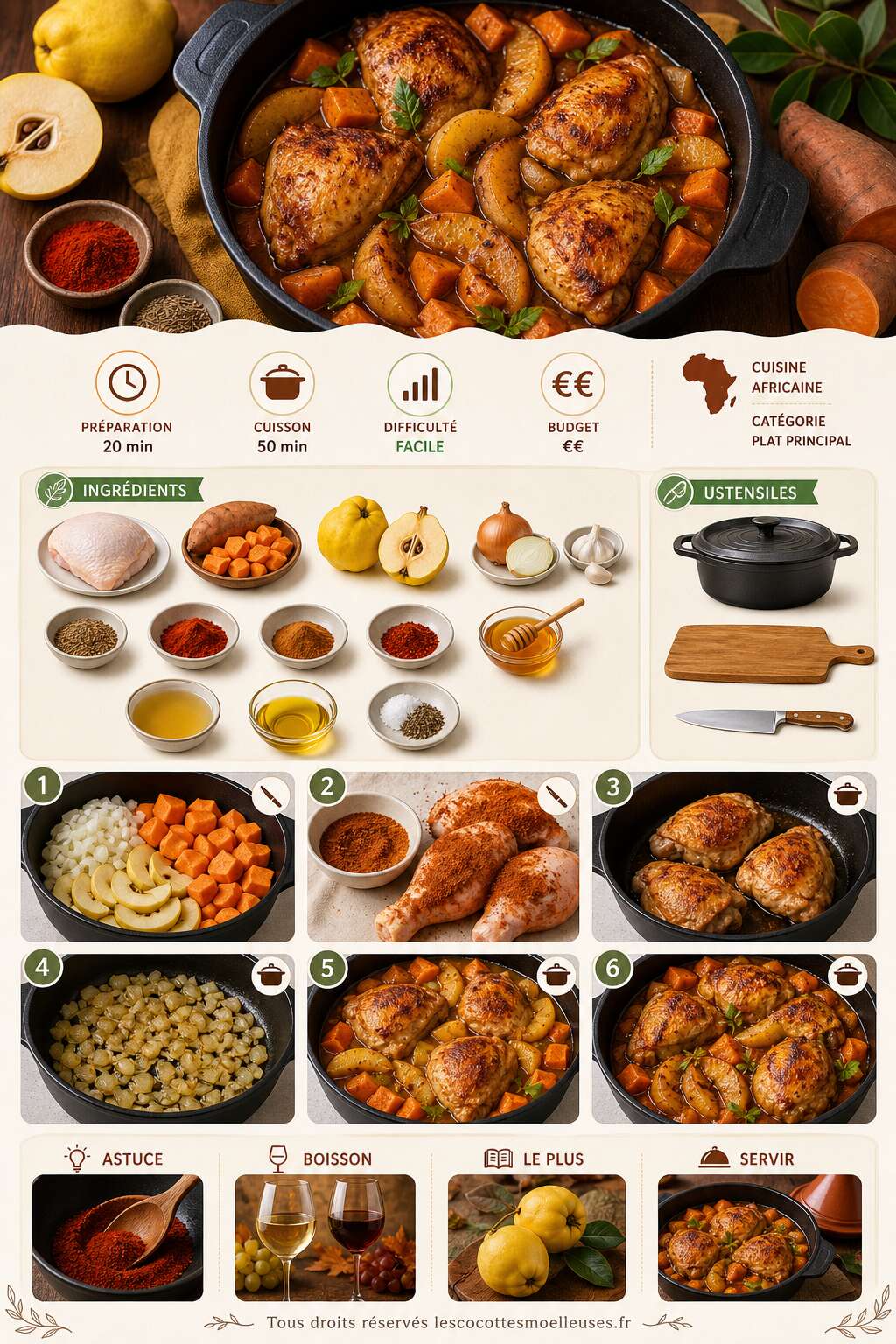 Fiche recette Cuisses de poulet &eacute;pic&eacute;es aux patates douces et coings