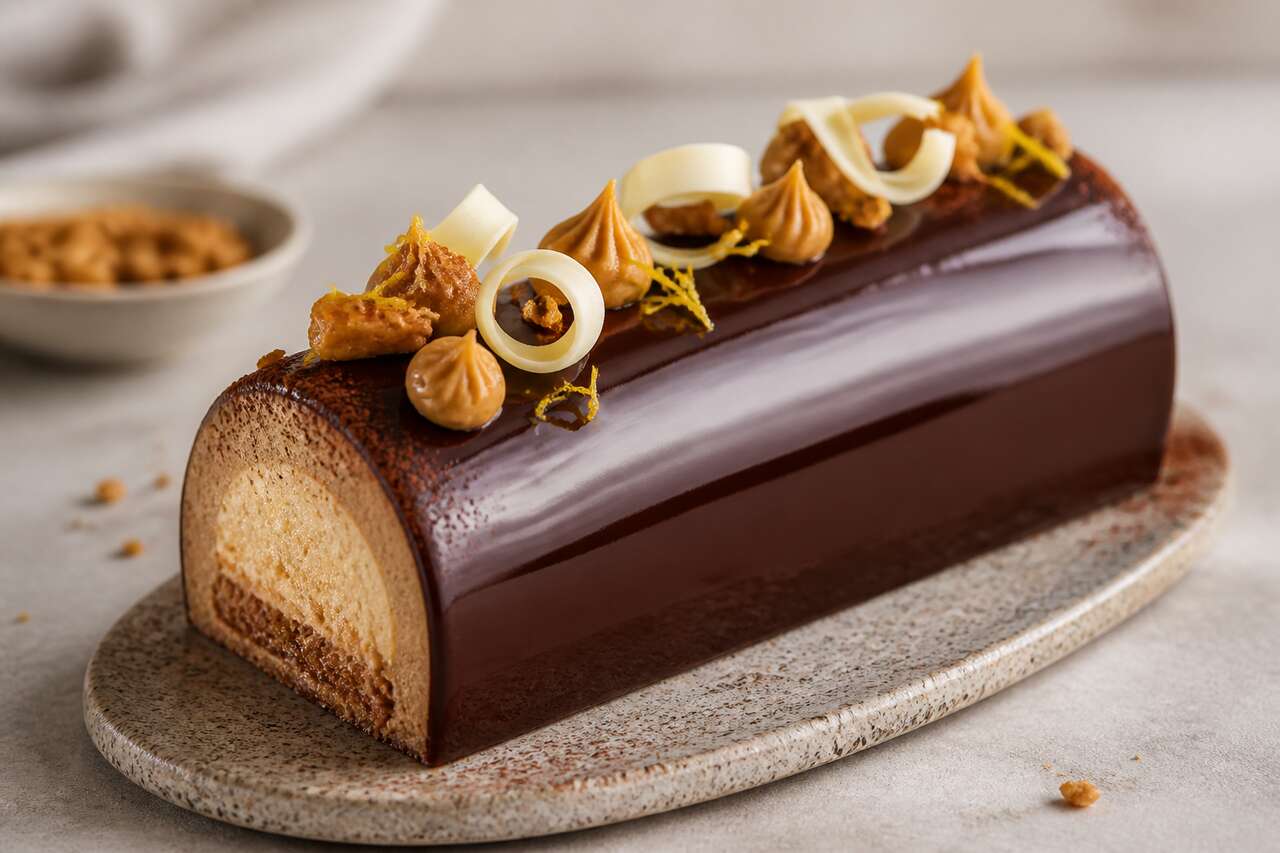 Bûche praliné citron : glaçage miroir cacao