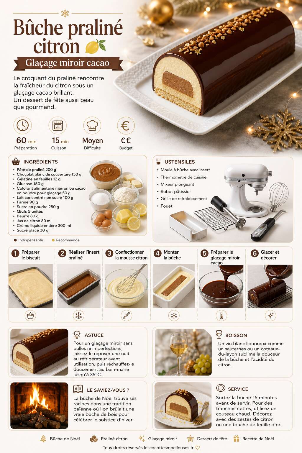 Fiche recette Bûche praliné citron : glaçage miroir cacao Fiche recette Bûche praliné citron : glaçage miroir cacao