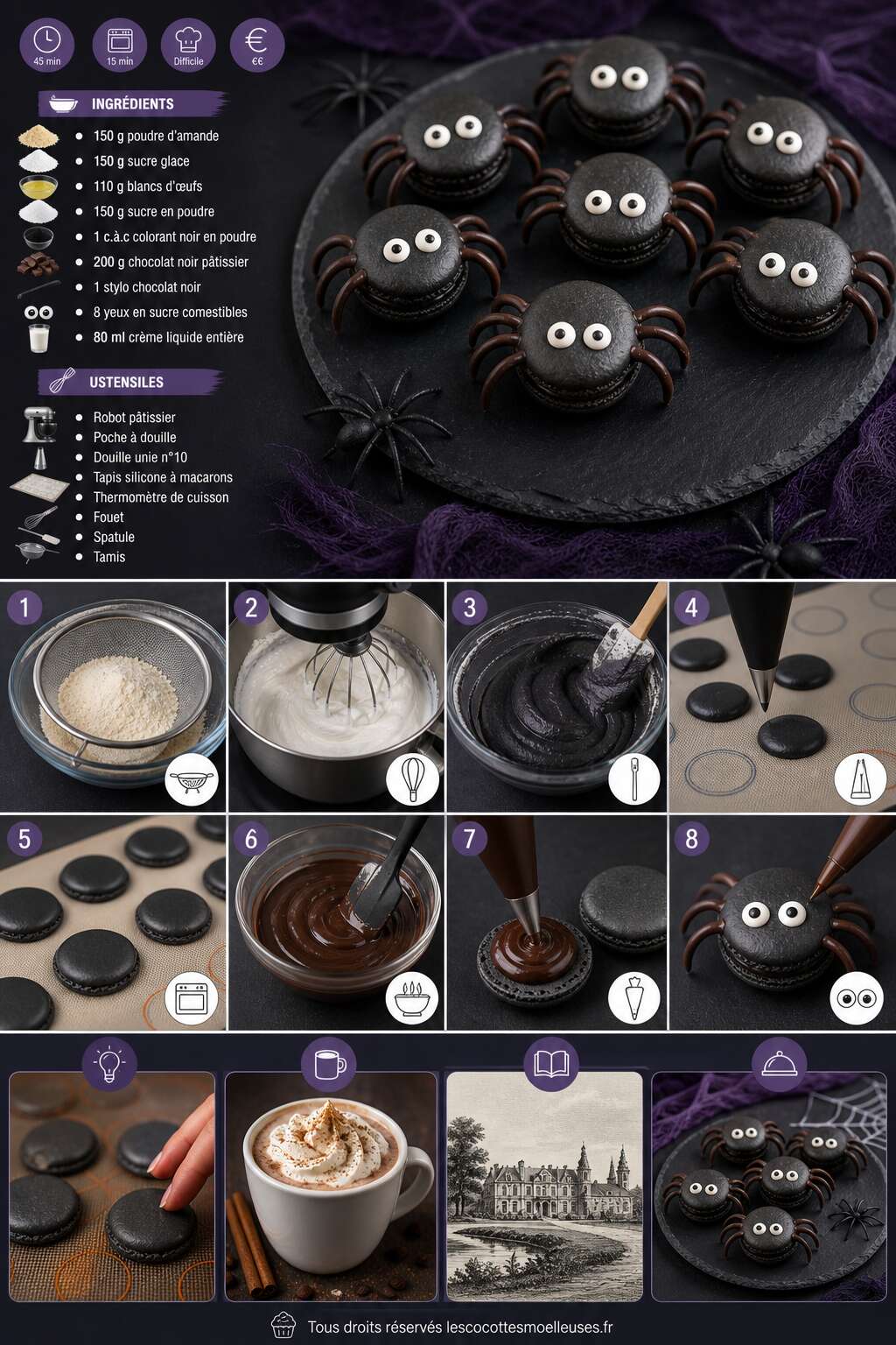 Fiche recette Macarons Araign&eacute;es d'Halloween : recette Gourmande