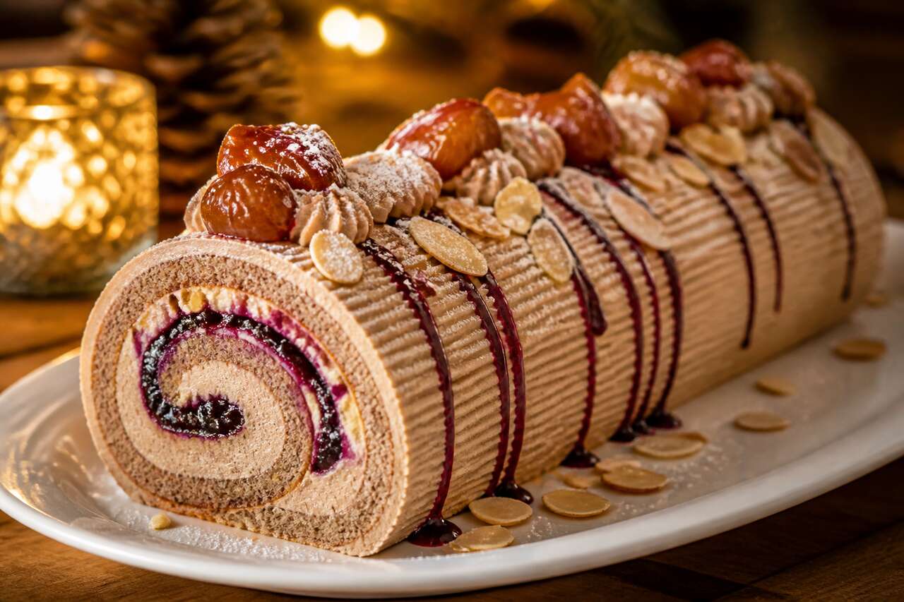 Bûche marron-cassis-amande : recette gourmande et facile