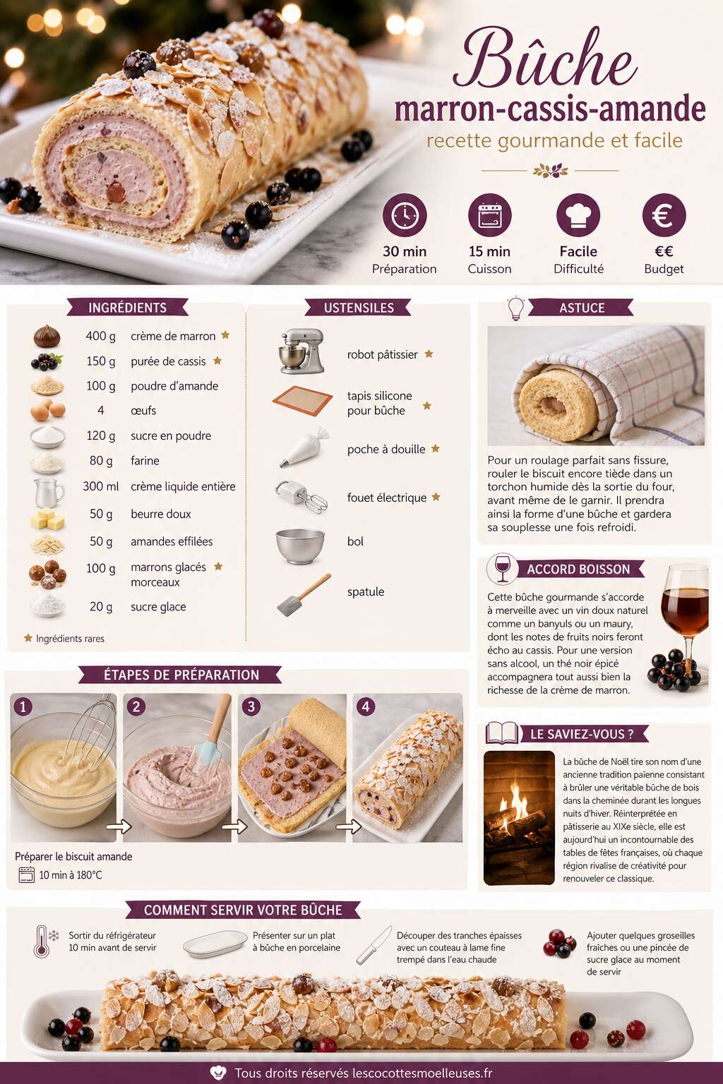 Fiche recette Bûche marron-cassis-amande : recette gourmande et facile Fiche recette Bûche marron-cassis-amande : recette gourmande et facile