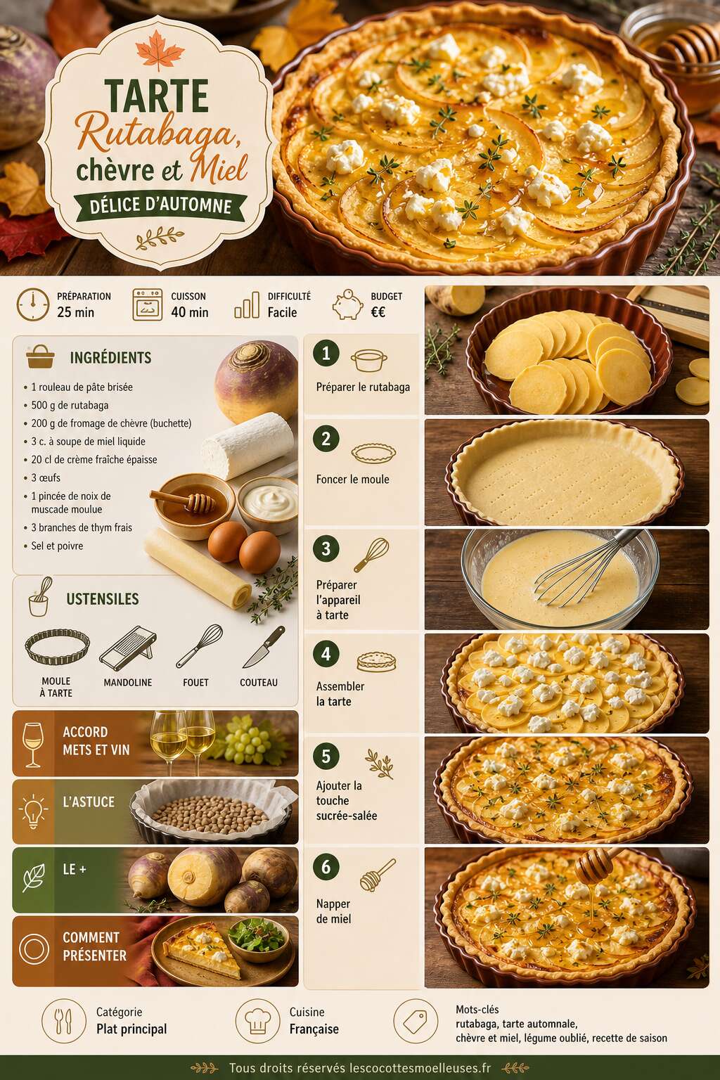 Fiche recette Tarte Rutabaga, ch&egrave;vre et Miel : d&eacute;lice d'Automne