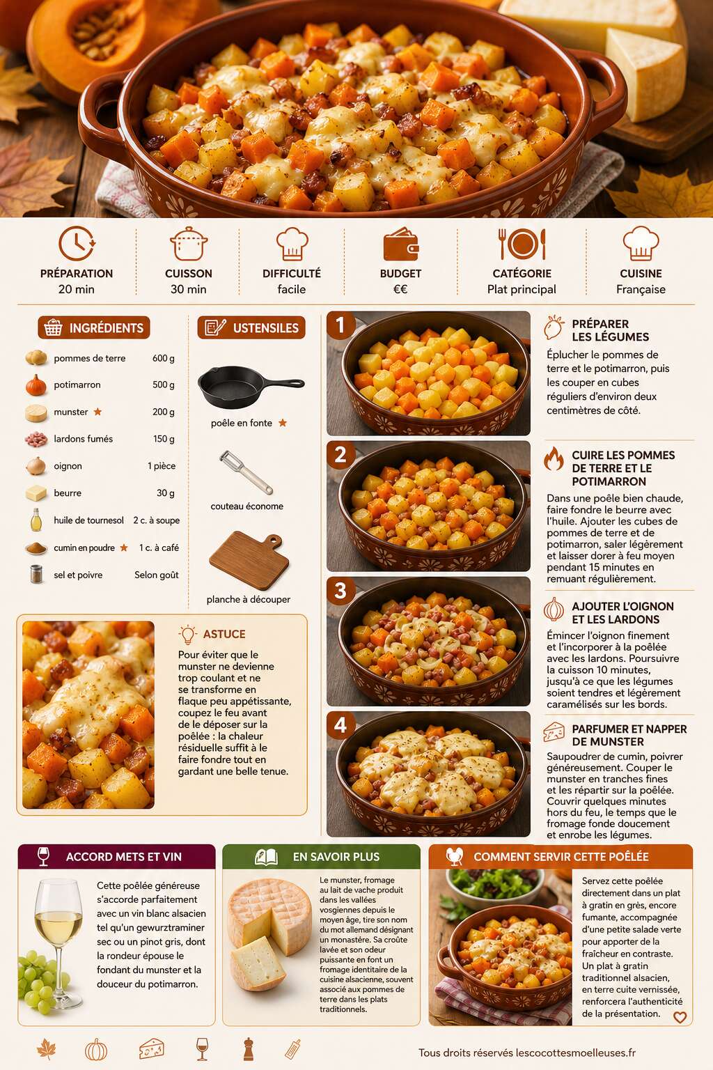 Fiche recette Poêlée de pommes de terre, potimarron et munster : recette savoureuse Fiche recette Poêlée de pommes de terre, potimarron et munster : recette savoureuse