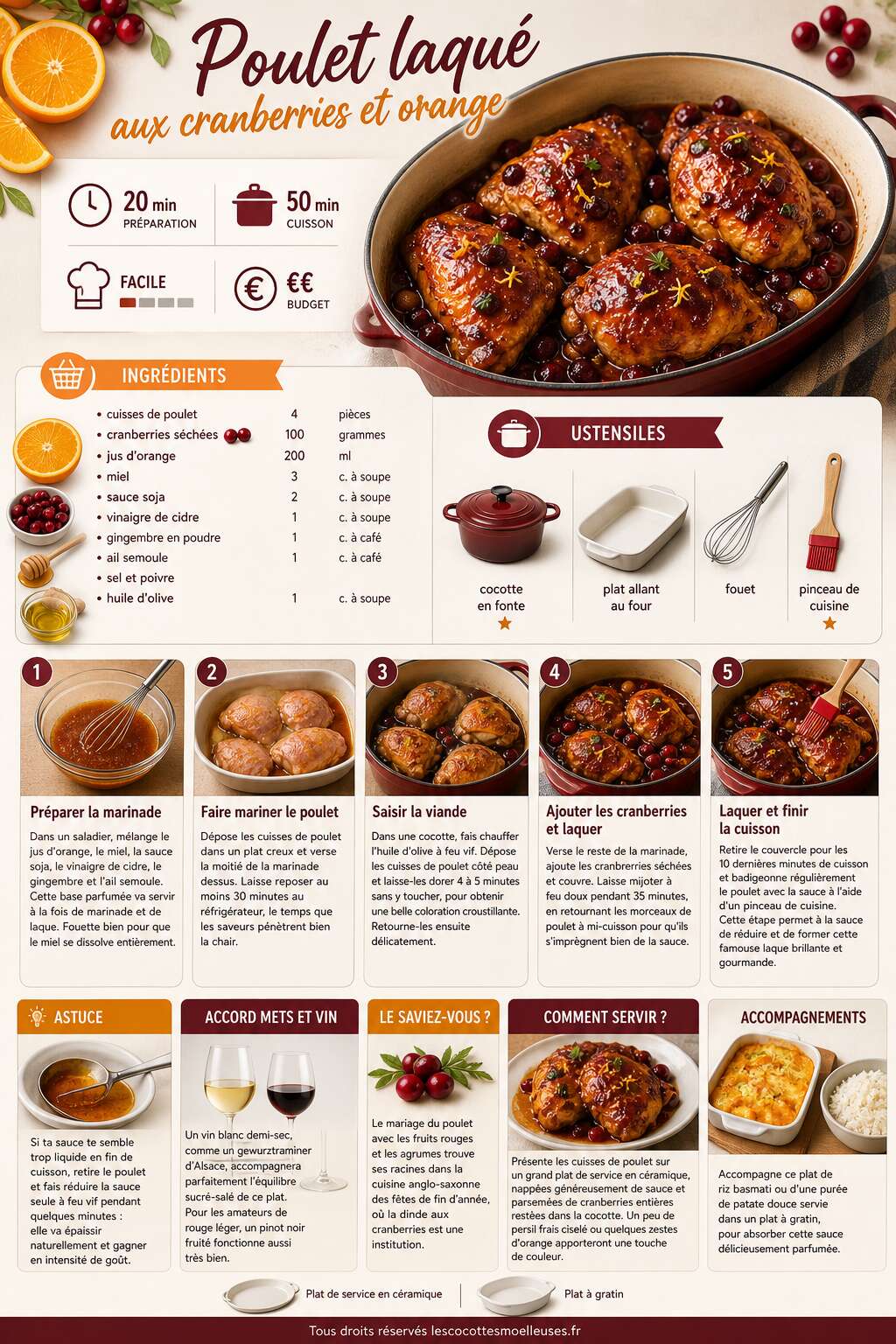 Fiche recette Poulet laqu&eacute; aux cranberries et orange : recette facile et savoureuse