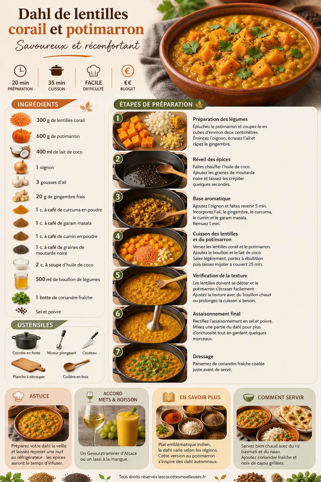 Fiche recette Dahl de lentilles corail et potimarron : recette savoureuse et réconfortante Fiche recette Dahl de lentilles corail et potimarron : recette savoureuse et réconfortante