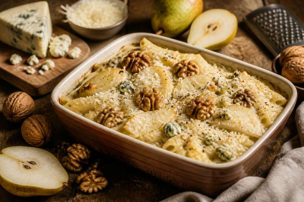 Gratin de pâtes au bleu, poires et noix
