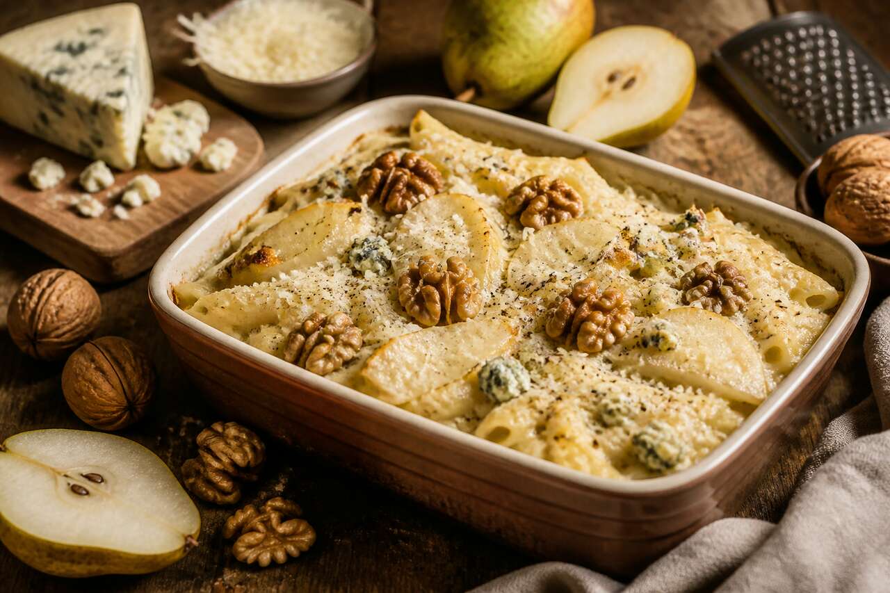 Gratin de pâtes au bleu, poires et noix