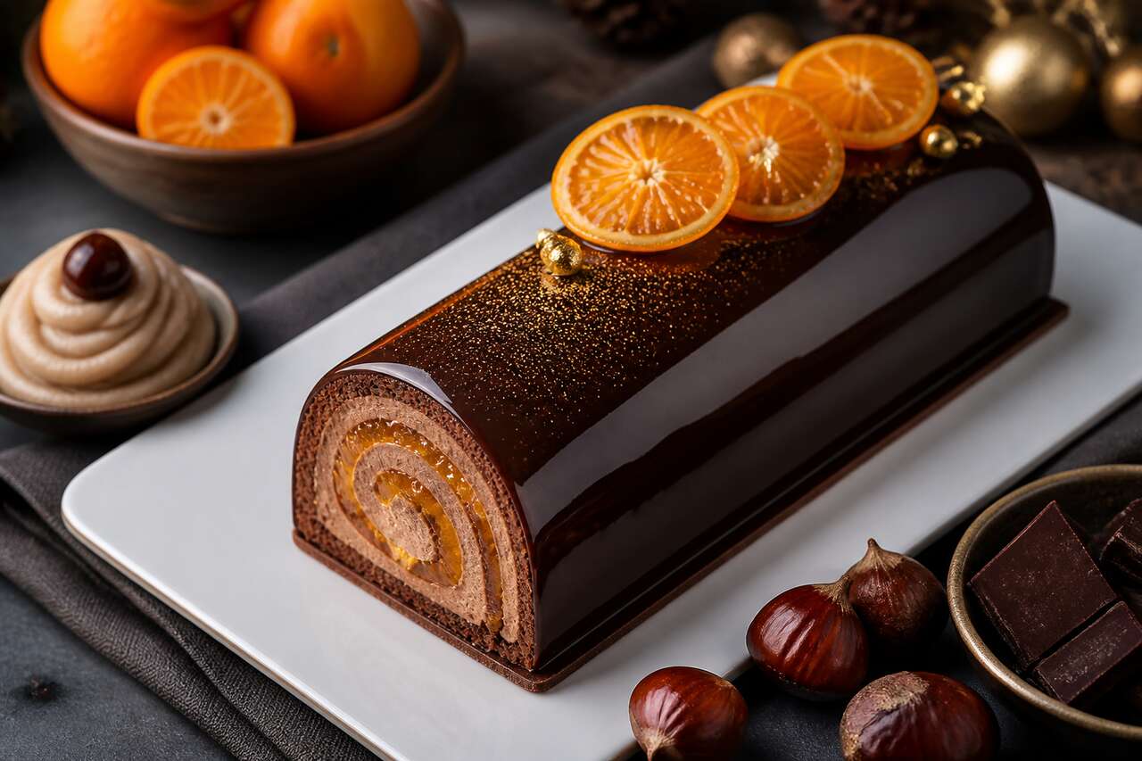 Bûche marrons clémentine : recette au glaçage miroir cacao