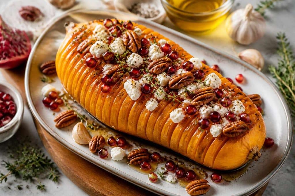 Hasselback butternut à la feta et grenade : recette facile et gourmande