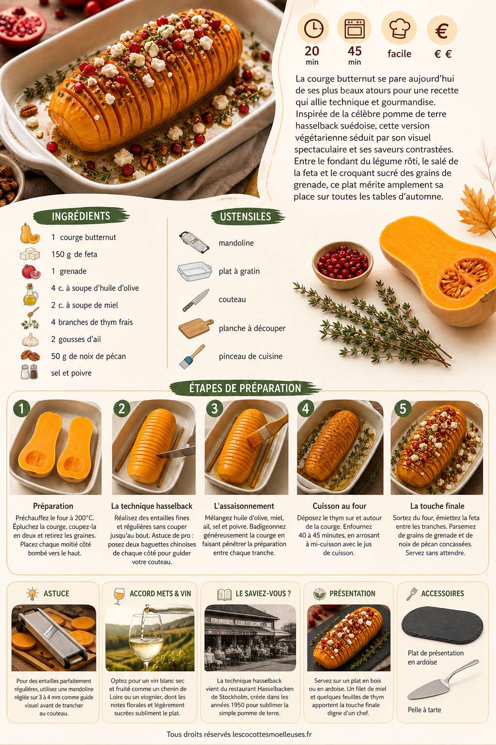 Fiche recette Hasselback butternut à la feta et grenade : recette facile et gourmande Fiche recette Hasselback butternut à la feta et grenade : recette facile et gourmande