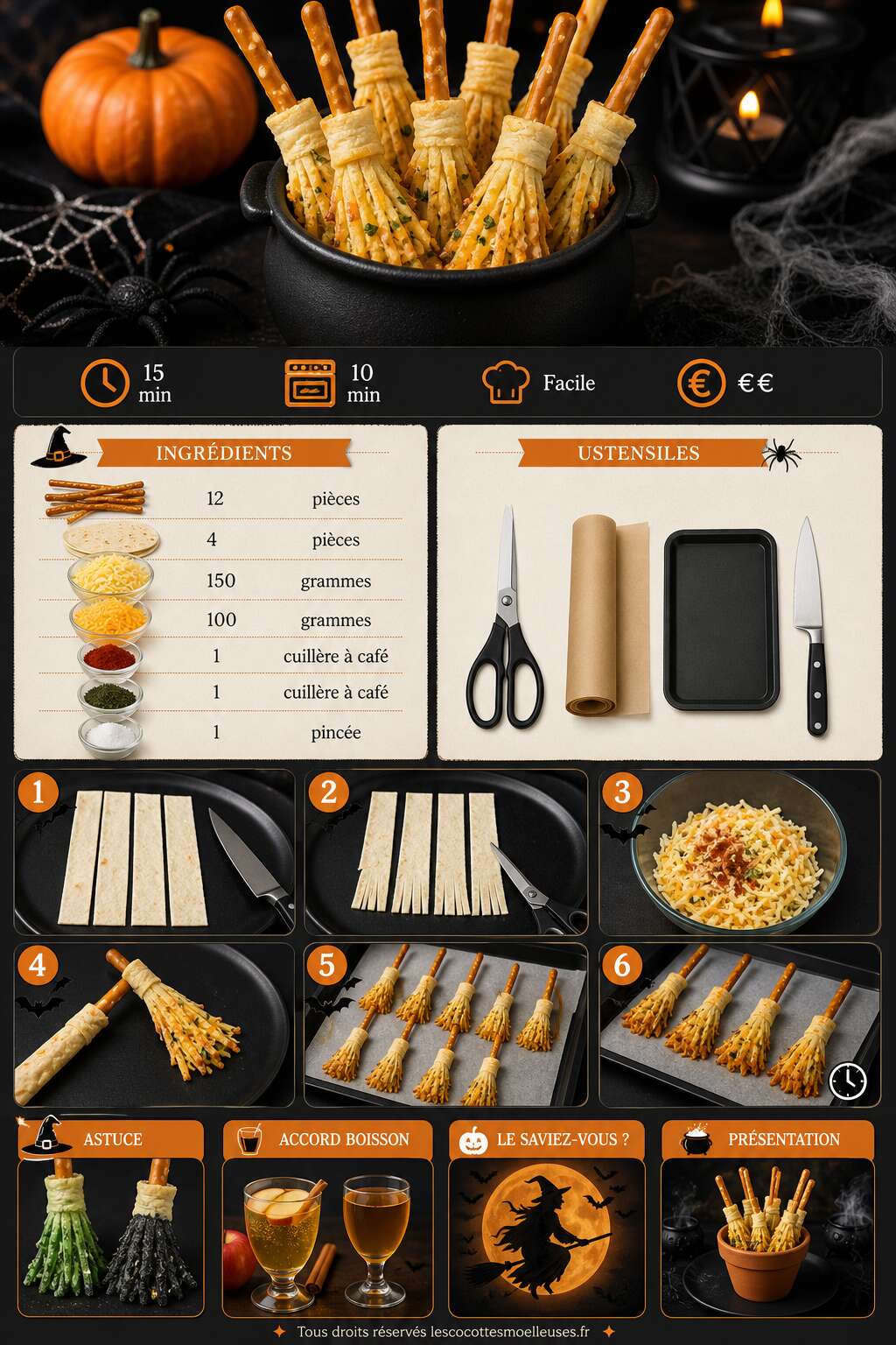 Fiche recette Recette de balais de sorcière au fromage : amuse-bouche Halloween facile Fiche recette Recette de balais de sorcière au fromage : amuse-bouche Halloween facile