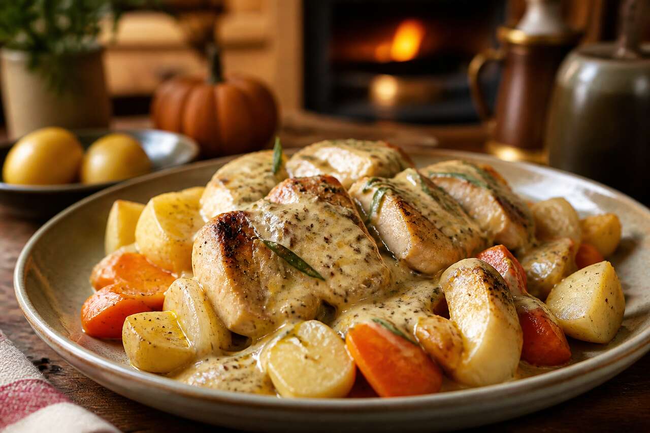 Sauté de dinde aux légumes d'automne : recette crémeuse moutarde estragon