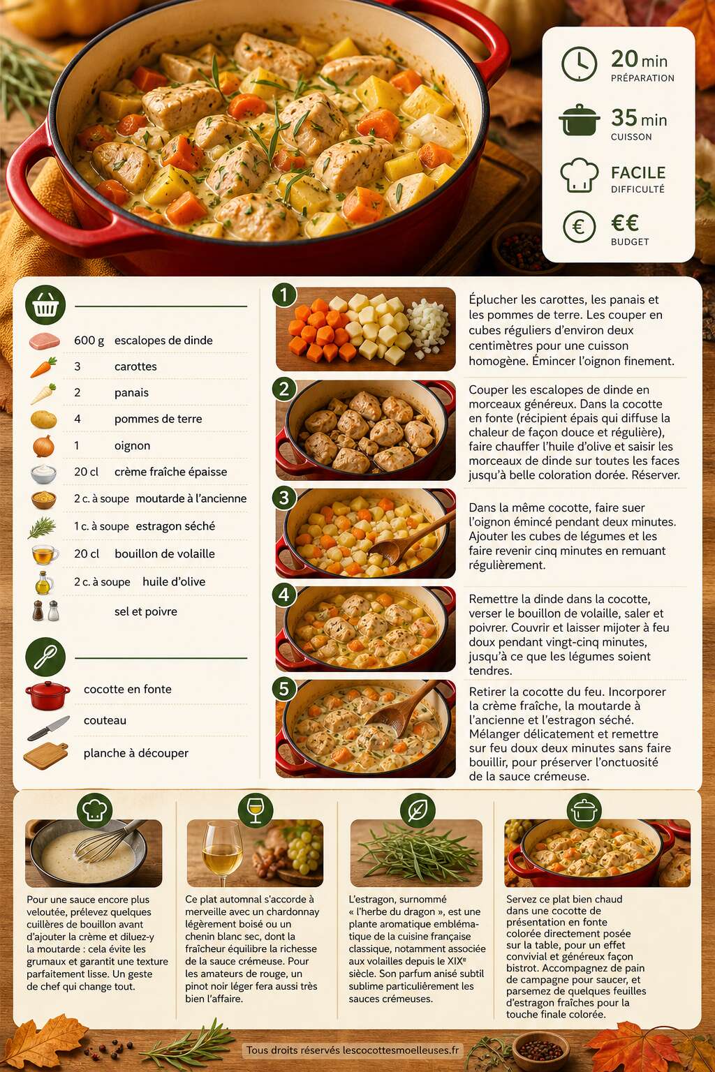 Fiche recette Saut&eacute; de dinde aux l&eacute;gumes d'automne : recette cr&eacute;meuse moutarde estragon