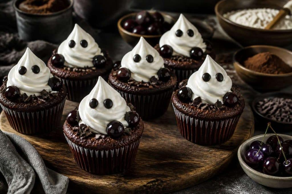 Cupcake fantôme façon forêt-noire : recette effrayante et délicieuse