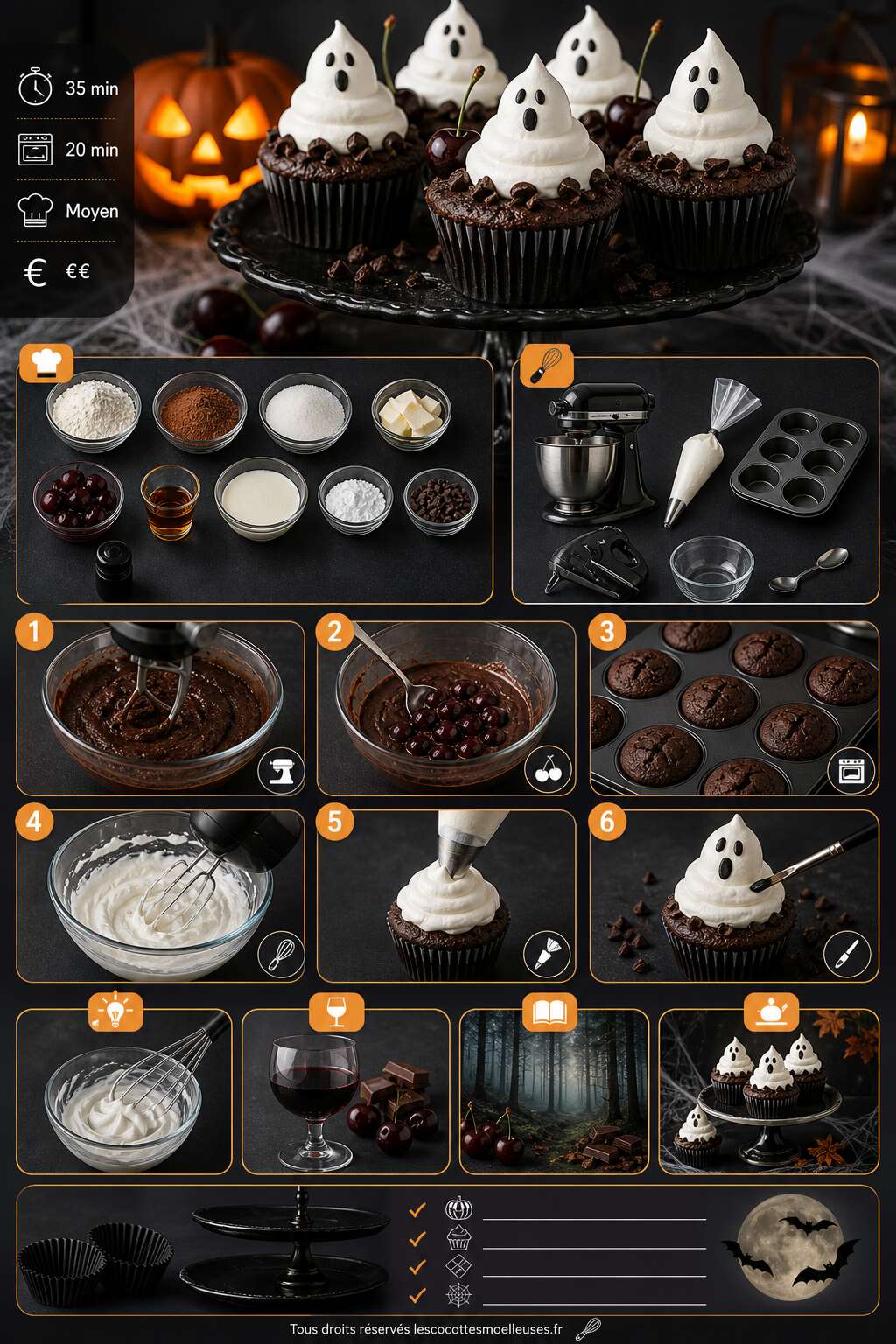 Fiche recette Cupcake fantôme façon forêt-noire : recette effrayante et délicieuse Fiche recette Cupcake fantôme façon forêt-noire : recette effrayante et délicieuse