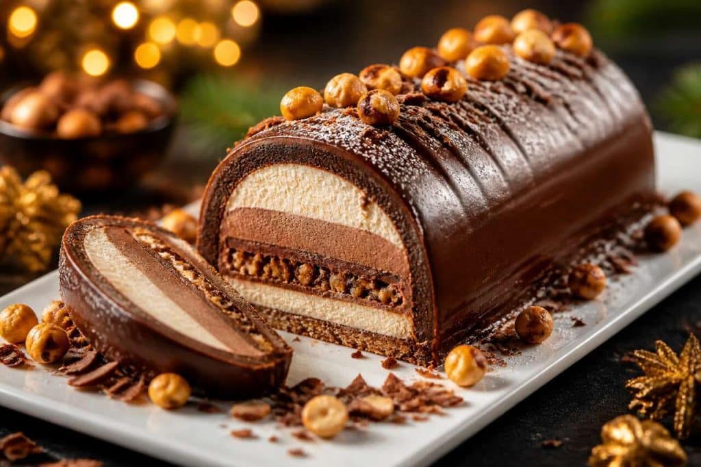 Bûche Rudolf : dessert chocolat praliné et meringue italienne