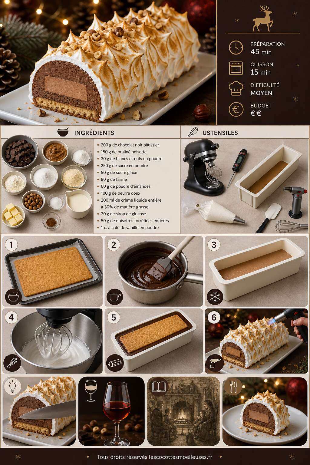 Fiche recette Bûche Rudolf : dessert chocolat praliné et meringue italienne Fiche recette Bûche Rudolf : dessert chocolat praliné et meringue italienne