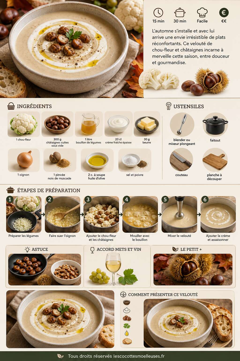 Fiche recette Velouté de chou-fleur et châtaignes : recette savoureuse d'automne Fiche recette Velouté de chou-fleur et châtaignes : recette savoureuse d'automne