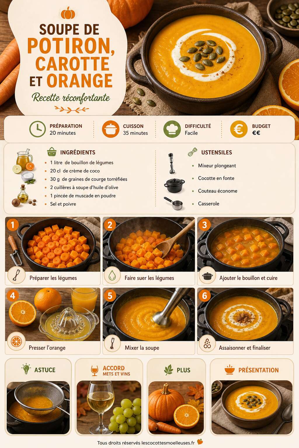 Fiche recette Soupe de potiron, carotte et orange : recette réconfortante Fiche recette Soupe de potiron, carotte et orange : recette réconfortante