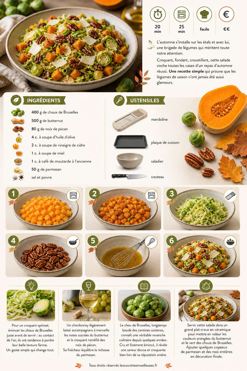 Fiche recette Salade croquante : choux de Bruxelles, butternut et noix de pécan Fiche recette Salade croquante : choux de Bruxelles, butternut et noix de pécan