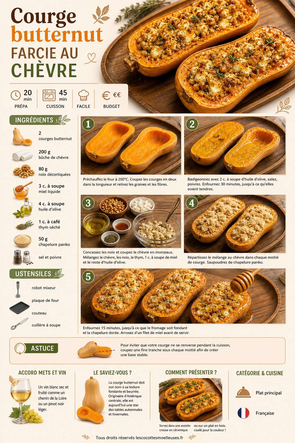 Fiche recette Recette de courge butternut farcie au chèvre Fiche recette Recette de courge butternut farcie au chèvre