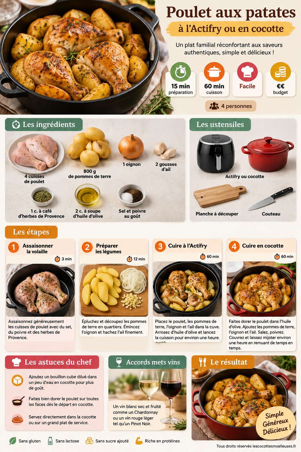 Fiche recette Recette facile de poulet aux patates à l'Actifry ou en cocotte Fiche recette Recette facile de poulet aux patates à l'Actifry ou en cocotte
